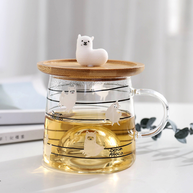 Leuke 3D Alpaca Glas Mok Met Bamboe Deksel, hittebestendig Glas Mokken Ochtend Mok Melk Koffie Thee Ontbijt Cup Voor: 04