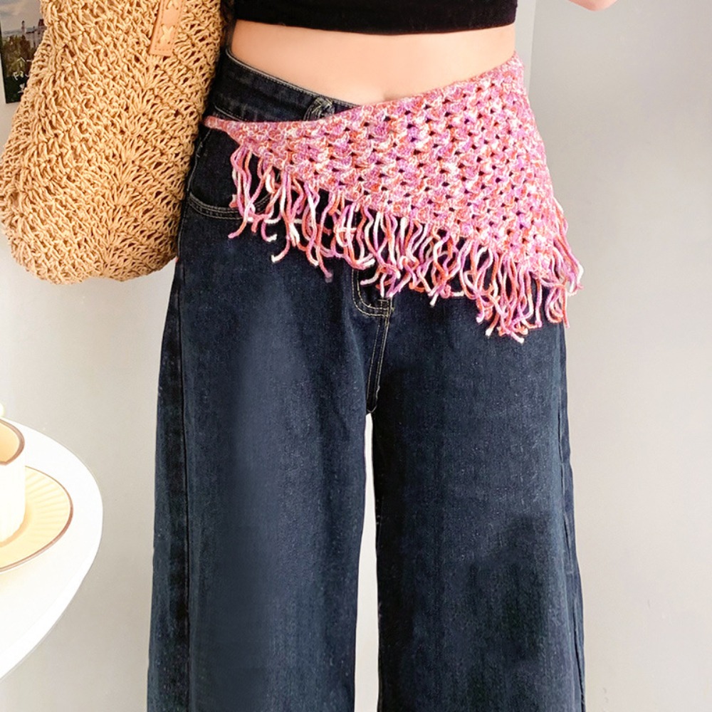 Turbante bohemio para mujer, pañuelo triangular tejido para la cabeza, chal colorido, delantal envolvente con bufandas con flecos, banda para la cintura de estilo étnico: Rosa