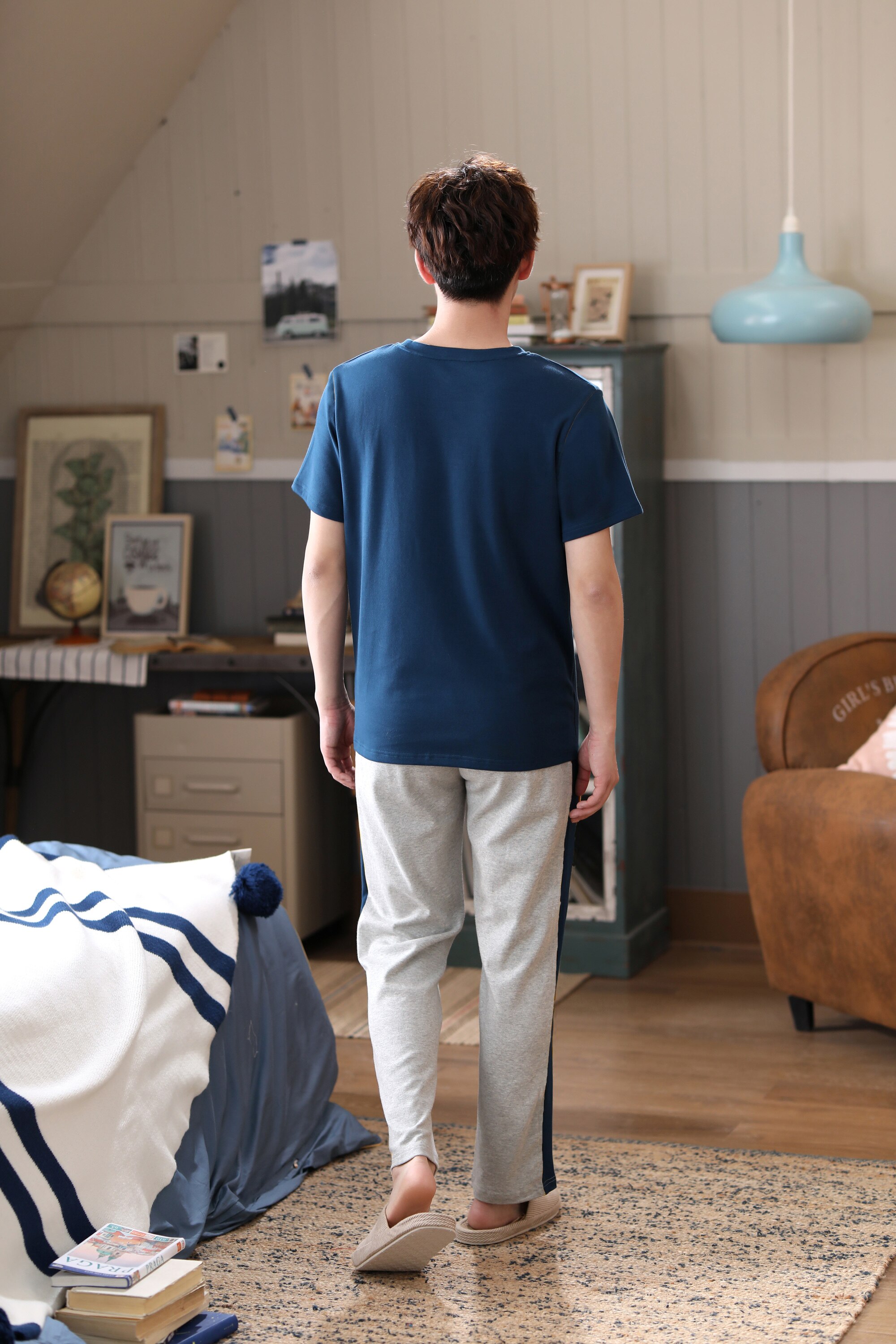 Heren pyjama met briefjes van katoen, pyjamapak, casual korte mouwen, nachtkleding, 2 stuks shirt en broek, pyjama, pyjamapak, pyjamapak, xxl