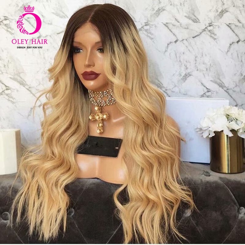 OLEY Hair Ombre Black Root Blonde Wig Glueless Synthetic Lace Front Wig High Density Middle Part Wig For Black Women