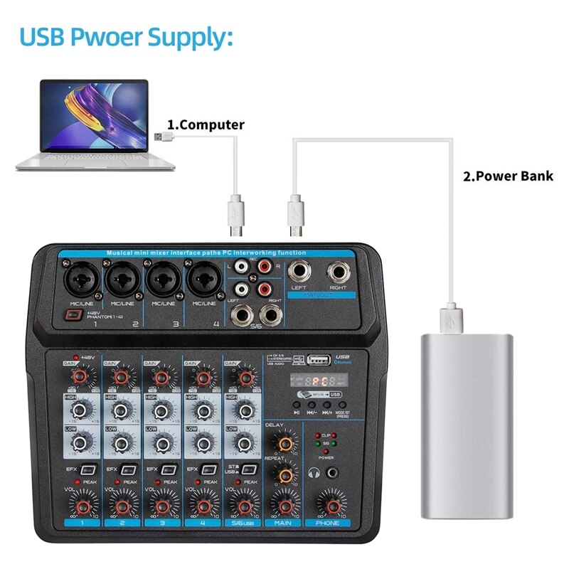 Audio Mixer 6-Channel DJ Sound Controller Interface With USB,Soundcard For PC Recording,USB Audio Interface Audio Mixer