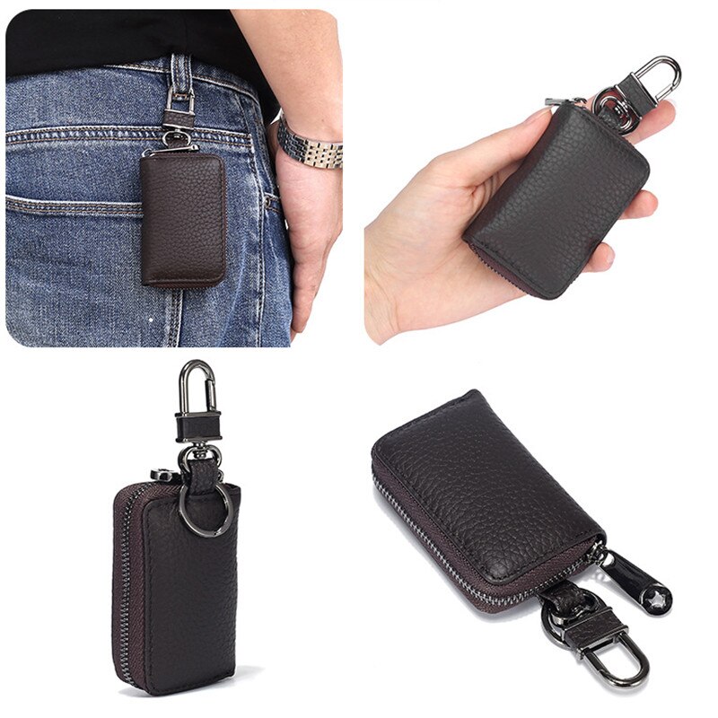 Bolso pequeño para llaves para hombre y mujer, Cartera de cuero auténtico, organizador de llaves, cartera de la llave del coche: Coffee