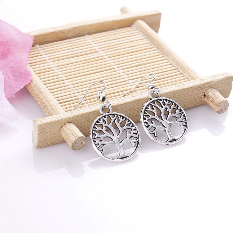 Pendientes colgantes chapados en plata para mujer, aretes redondos con patrón del árbol de la vida, joyería de para mujer