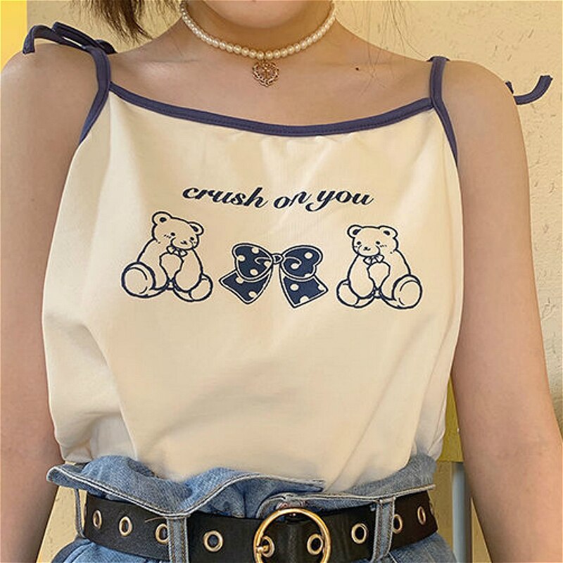 Camisole femmes Kawaii dessin animé japon Style été Chic à lacets femmes sangle recadrée hauts à la tout-match doux filles Camis haut