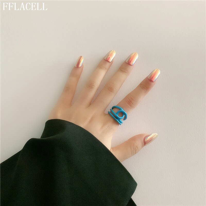 FFLACELL , nueva de Corea, anillos abiertos irregulares pintados a mano con Anillos geométricos de aceite de goteo colorido a la para mujer, joyería de: 5