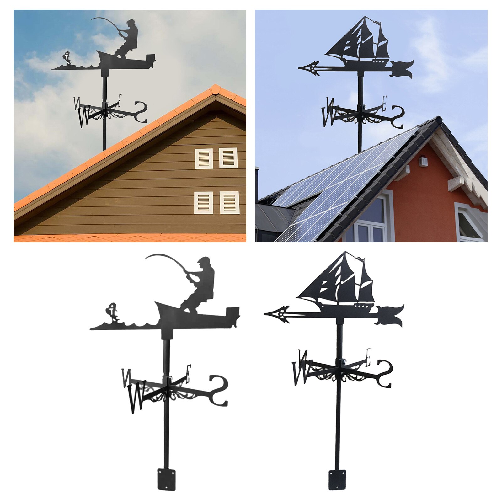 Iron Angler Shape Wind Vane Roof Mount Wind Direction Indicator Farm Weathervane Yard Ornament