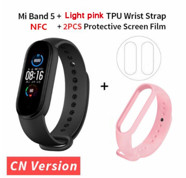 Xiaomi Mi Band 5 NFC Version Smart Bracelet AMOLED Screen Miband 5 Smartband Fitness Traker Bluetooth Heart Rate Smart Band: lightpink strap film