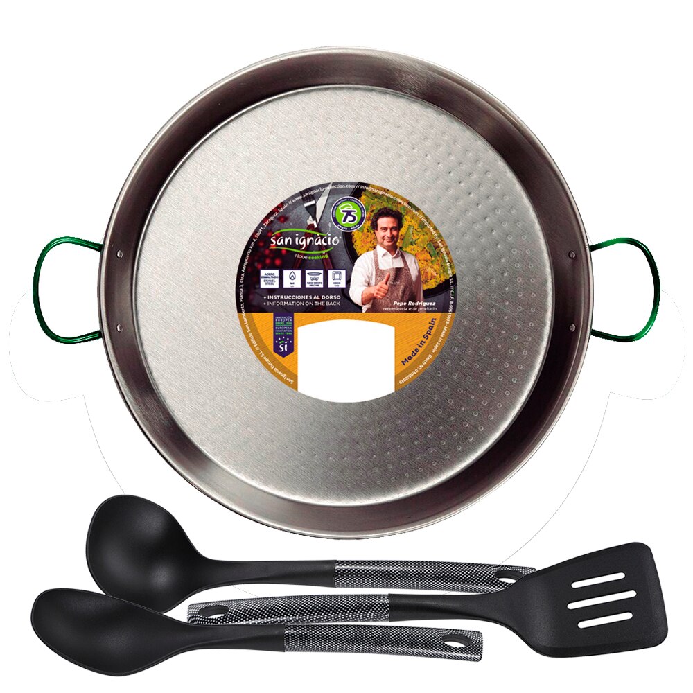 Paellera SAN IGNACIO de acero pulido 30 cm con 3 utensilios de cocina en nylon