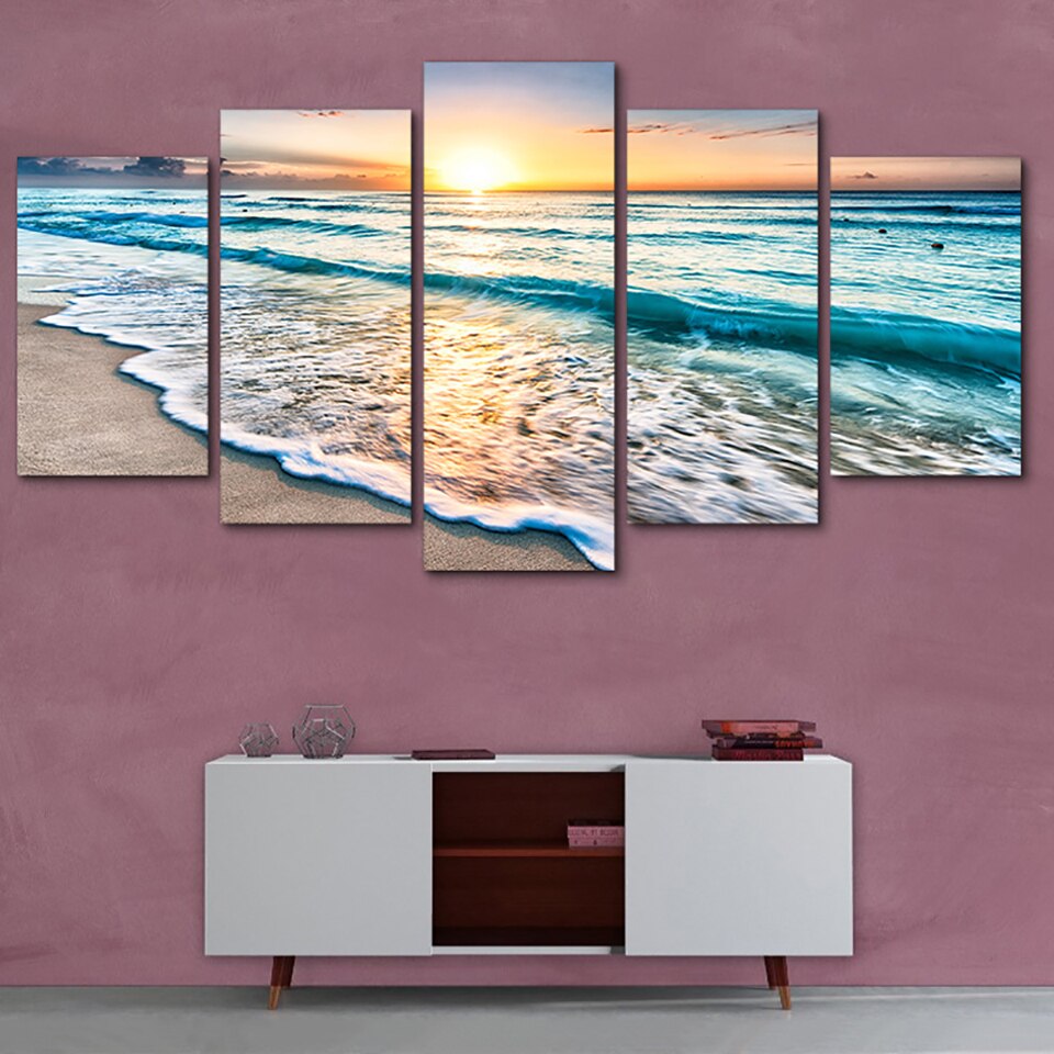 Tableau Wall Art HD Stampa Dipinti Manifesti Modulare Quadri Su Tela 5 Pannello Onde Sulla Spiaggia Al Tramonto Paesaggio Marino Decorazioni Per La Casa moderno