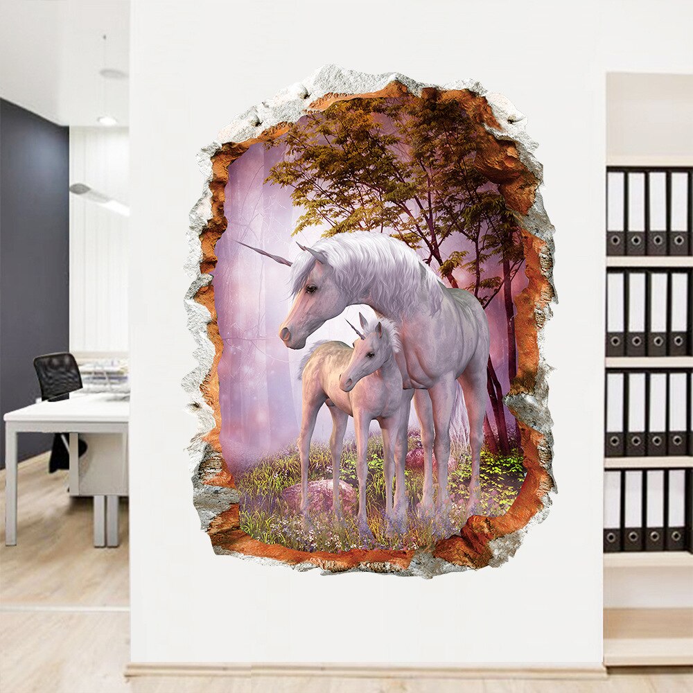 3D Unicorn Wall Stickers Living Room Bedroom Children's Room Wallpaper Decorative Painting Green Wallpaper Sticker Mural