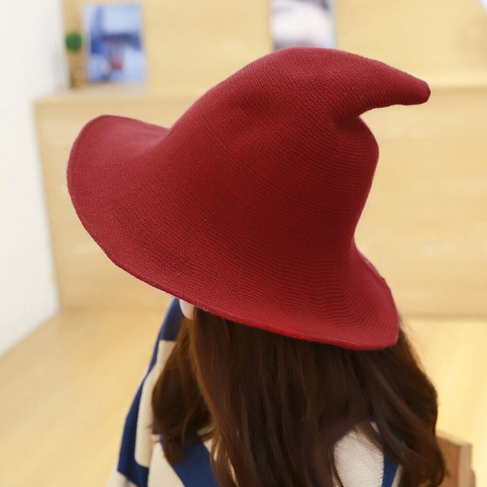Women Modern Witch Wool Hat Foldable Costume Sharp Pointed Wool Felt Halloween Party Hats Witch Hat Warm Cap: Purplish Red