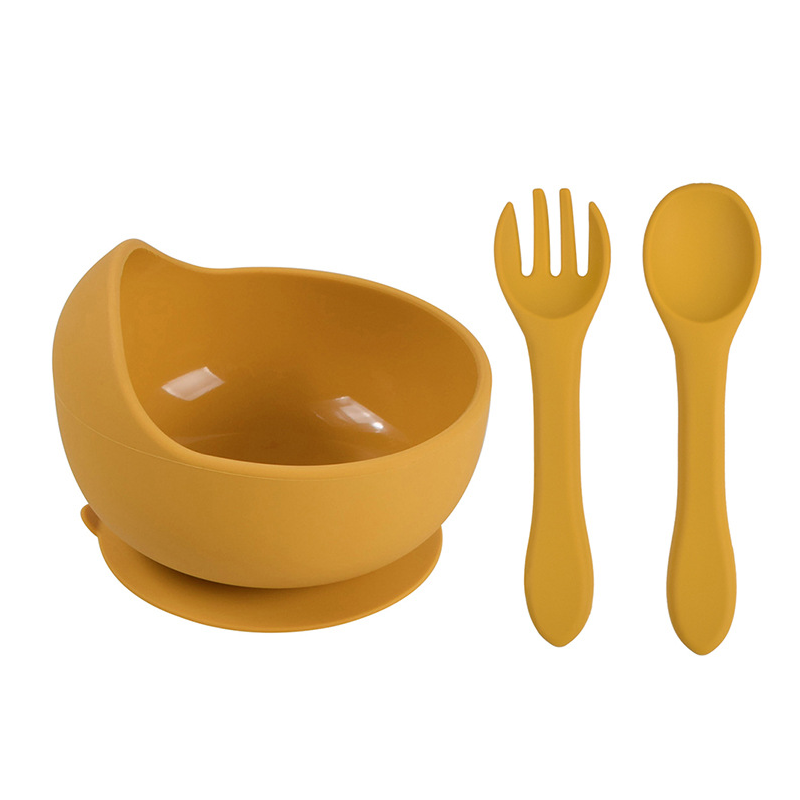 3Pcs Baby Silicone Bowl Spoon Fork Set BPA Free Non-slip Children&#39;s Suction Bowl Handle Silicone Set Food Grade Tableware