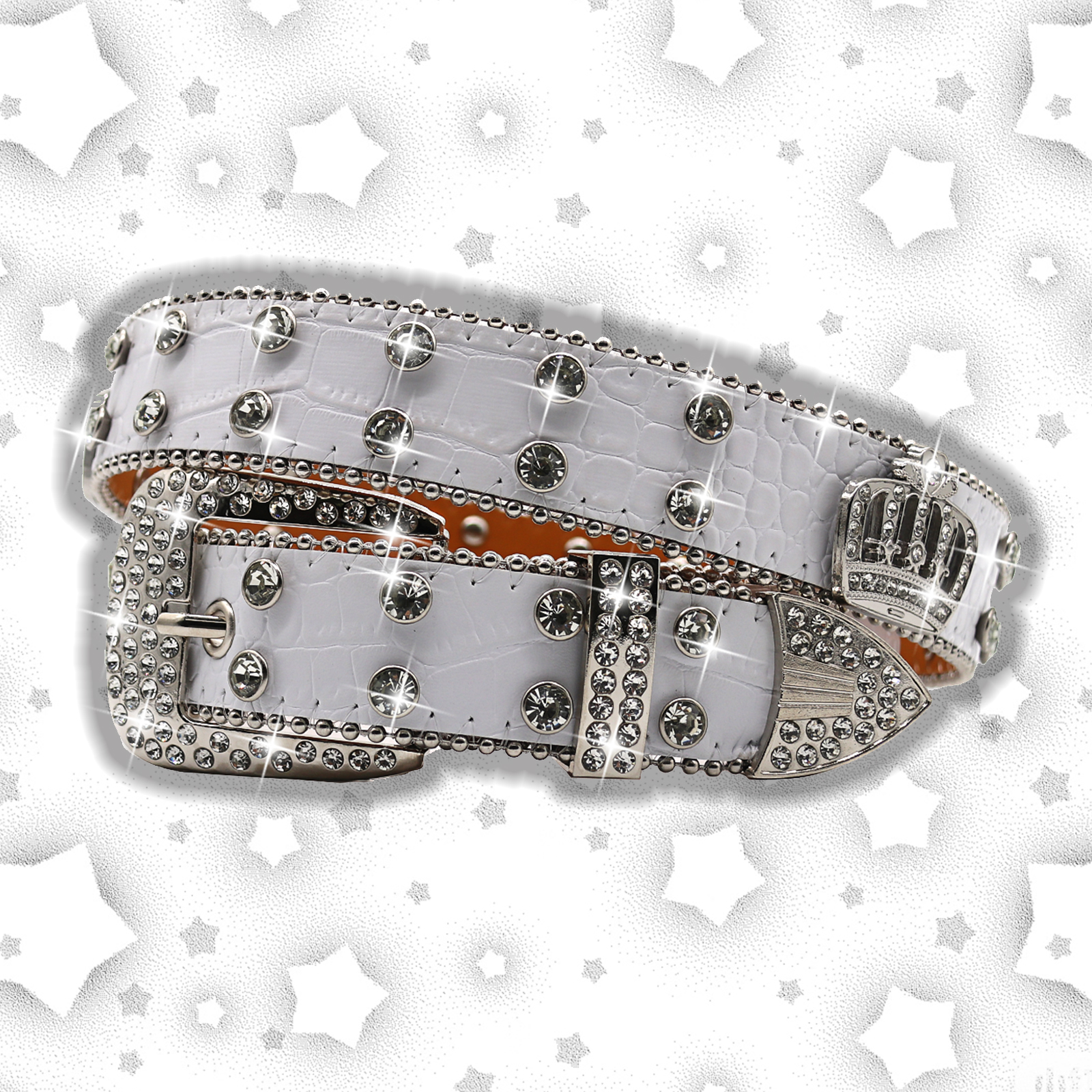 Heren Jeans Kroon Strass Y2K Stijl Riem Riem Damesriem Western Denim Glanzend Klinknagel Leer HipHop Punk Rock: WHITE / 115 CM