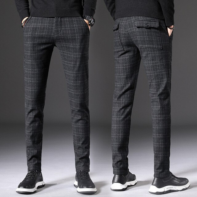 Herfst Lente Pak Broek Mannen Slim Fit Zwart Grijs Plaid Formele Jurk Broek Plus Size Business Casual Heren broek