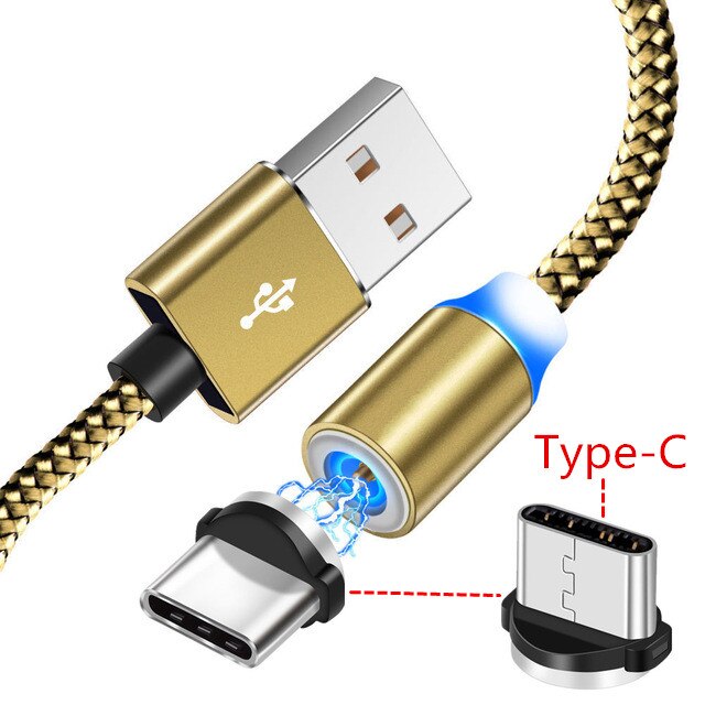 Magnético tipo C Cable de carga USB Honor 9X 20 10 rápido cargador de teléfono para Samsung S8 Huawei P20 lite amigo 20 10 9 P30 Pro Oppo Reno: Only Gold 1M Cable