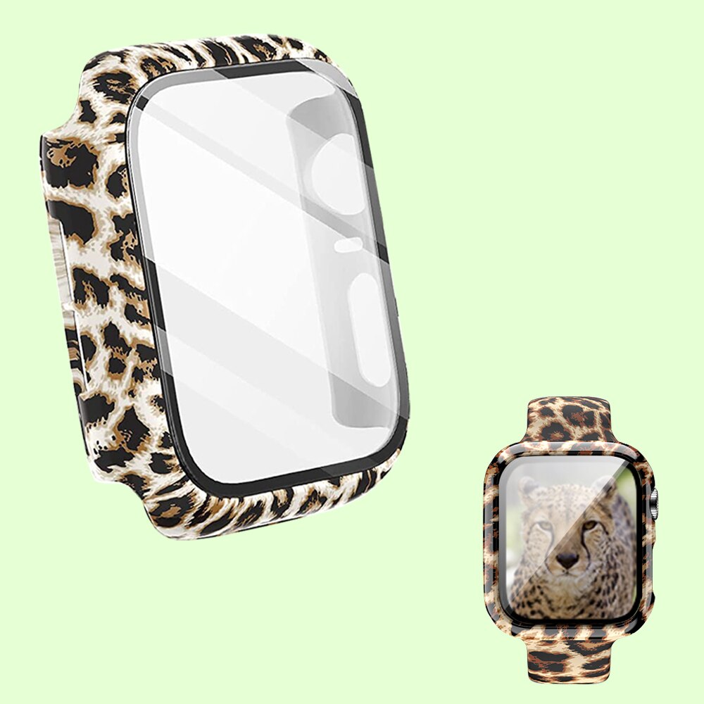 Funda + cristal para Apple Watch 44mm 40mm 38mm 42mm, cubierta protectora de leopardo de para parachoques de PC duro para iWatch SE 6 5 4 3 2 1: GOLD / 1 pulgada