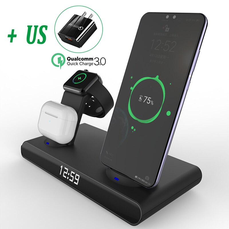 Chargeur sans fil 6 en 1 30W, pour iPhone 13 12 Pro Max X Samsung, pour Apple Watch 6 SE, Airpods Pro 2 3: Black with US Plug