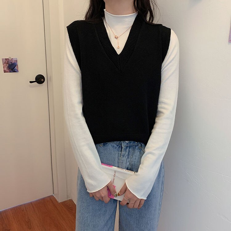 Sweater Vest Women V-neck Solid Knitted All-match Office Ladies Sleeveless Outwear Popular Soft Chic Leisure Korean: yellow