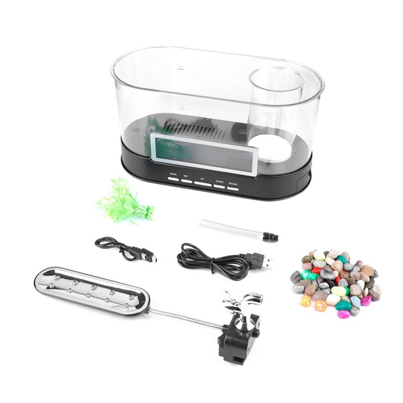 Black/White LED Light Fish Tank Mini Aquarium 5V USB Charging 1.5L capacity LCD Clock digital Display Time/date/temperature D30: Black