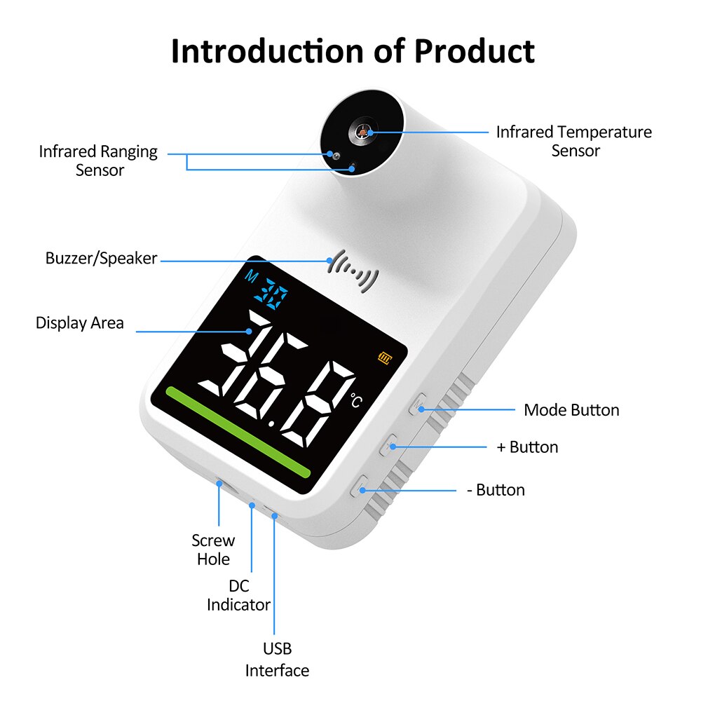 Non-Contact Digital Thermometer Wall-Mounted Infrared Forehead Thermometer School/Office/Metro Wall Thermometer