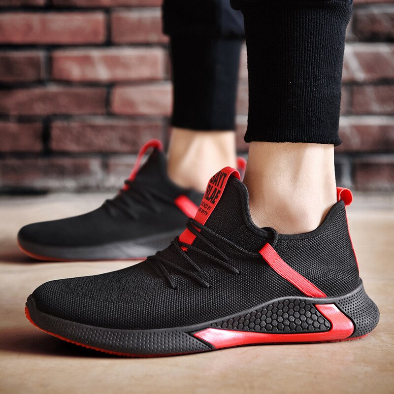 Heren casual schoenen zomermode sneakers mesh schoenen heren sneakers veterschoenen lichte sportschoenen herenschoenen: Zwart rood / 41