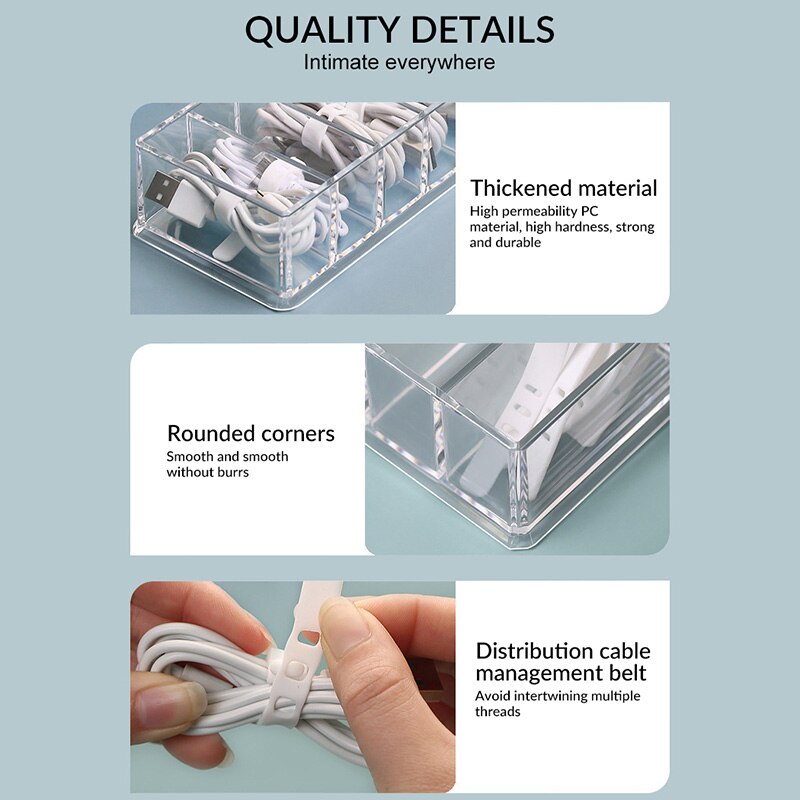 Cable Management Box with Lid and 10 Wire Ties Portable Clear Power Cord Organizer with 8 Compartments Electronics Organizer