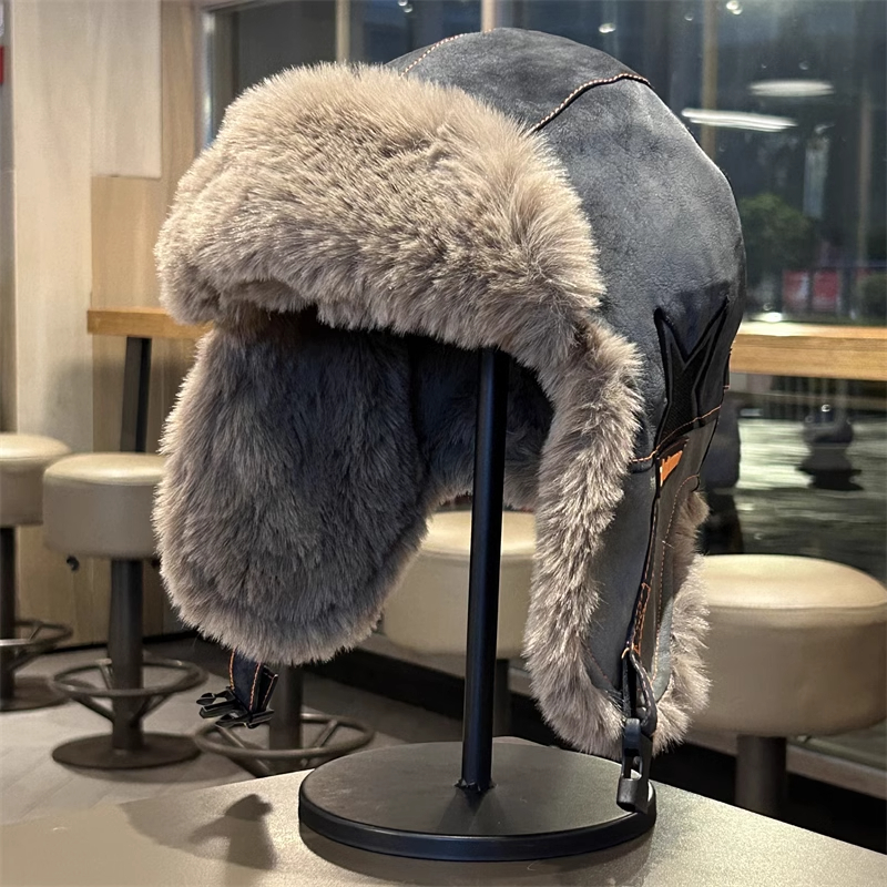 Half Star Thicken Faux Fur Earflap Hat Ushanka Bomber Unisex Winter Ski Ride Travel Casual Warm Cap Color Match: black