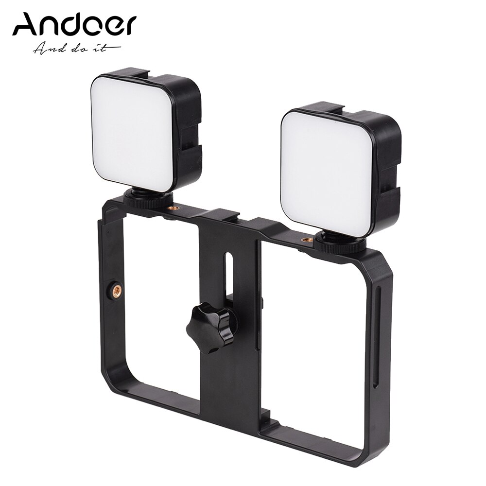 Andoer 2pcs Mini LED Video Light 5W Photography Fill-in Lamp 6500K Dimmable Handheld Smartphone Video Bracket Stabilizer Cage