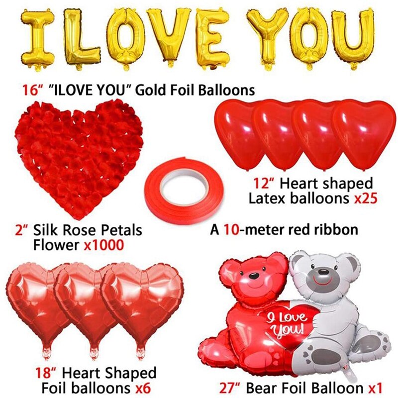Ballons LOVE YOU en soie en forme de cœur, décoration de fête, Kit avec pétales de Rose