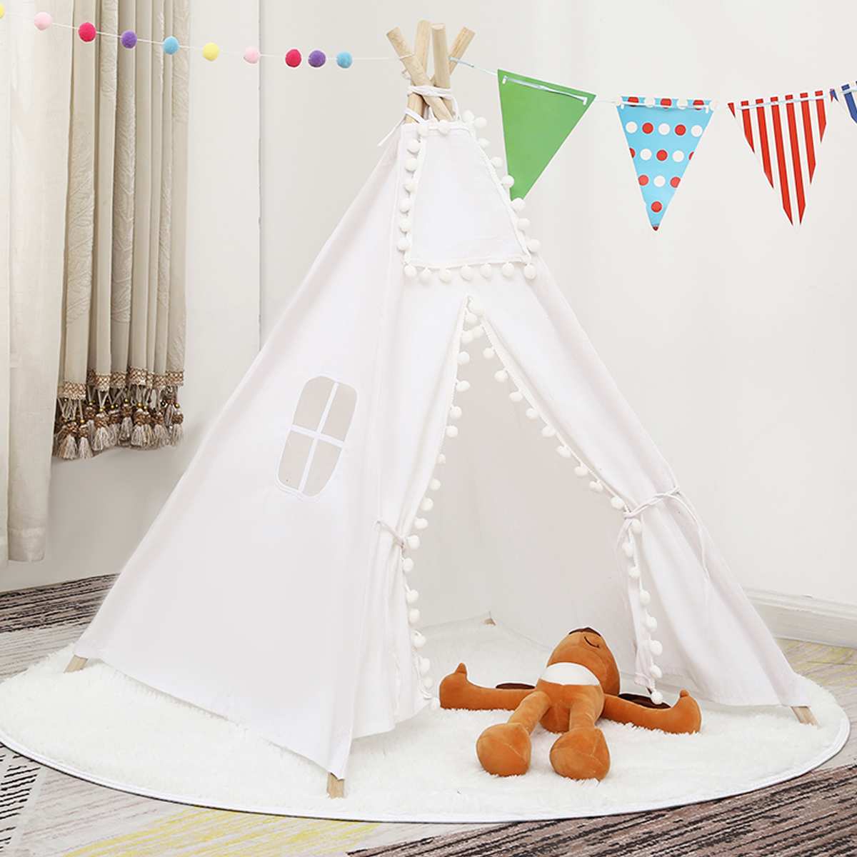 1.3M-1.6M Baby Tents Teepee Triangle Tent Kids Playhouse Cotton Canvas Pretend Play Tent Decoration Game House Boy Girls: White / 1.3M
