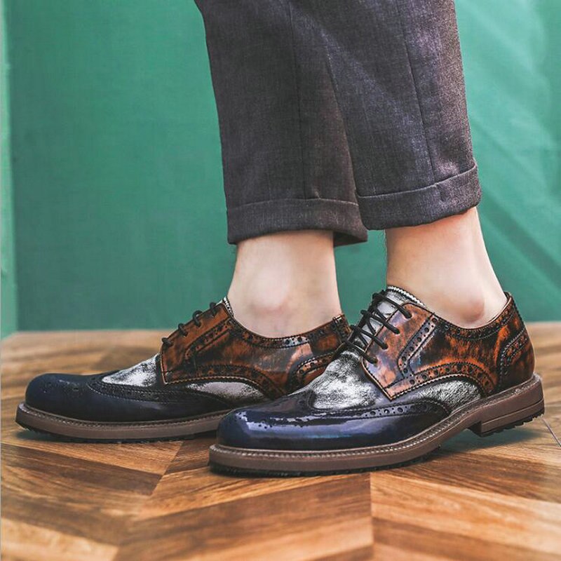 Men Mixed Colors Dress Leather Shoes Lace-Up Wedding Party Shoes Mens Brogue Business Office Oxfords Flats 789: brown white bule / 6