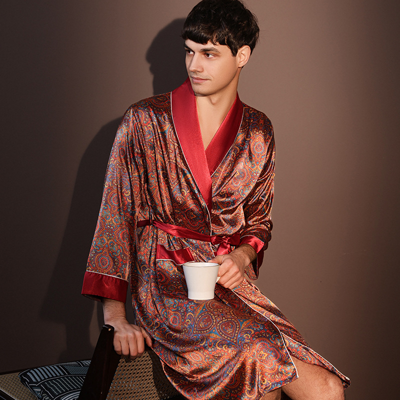 Nachthemden Männer Sommer Dünne Bademantel Große Größe Eis Seide Gedruckt Pyjama einteiliges Kleid Männlichen Loungewear herren Frühling: XL / Schwarz