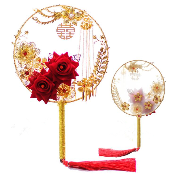 JaneVini Luxe Gouden Bloemen Fan Ronde Rode Roos Kunstmatige Bruidsboeket Chinese Stijl Parel Kralen Wedding Boeket Bruid Fans: Style 6