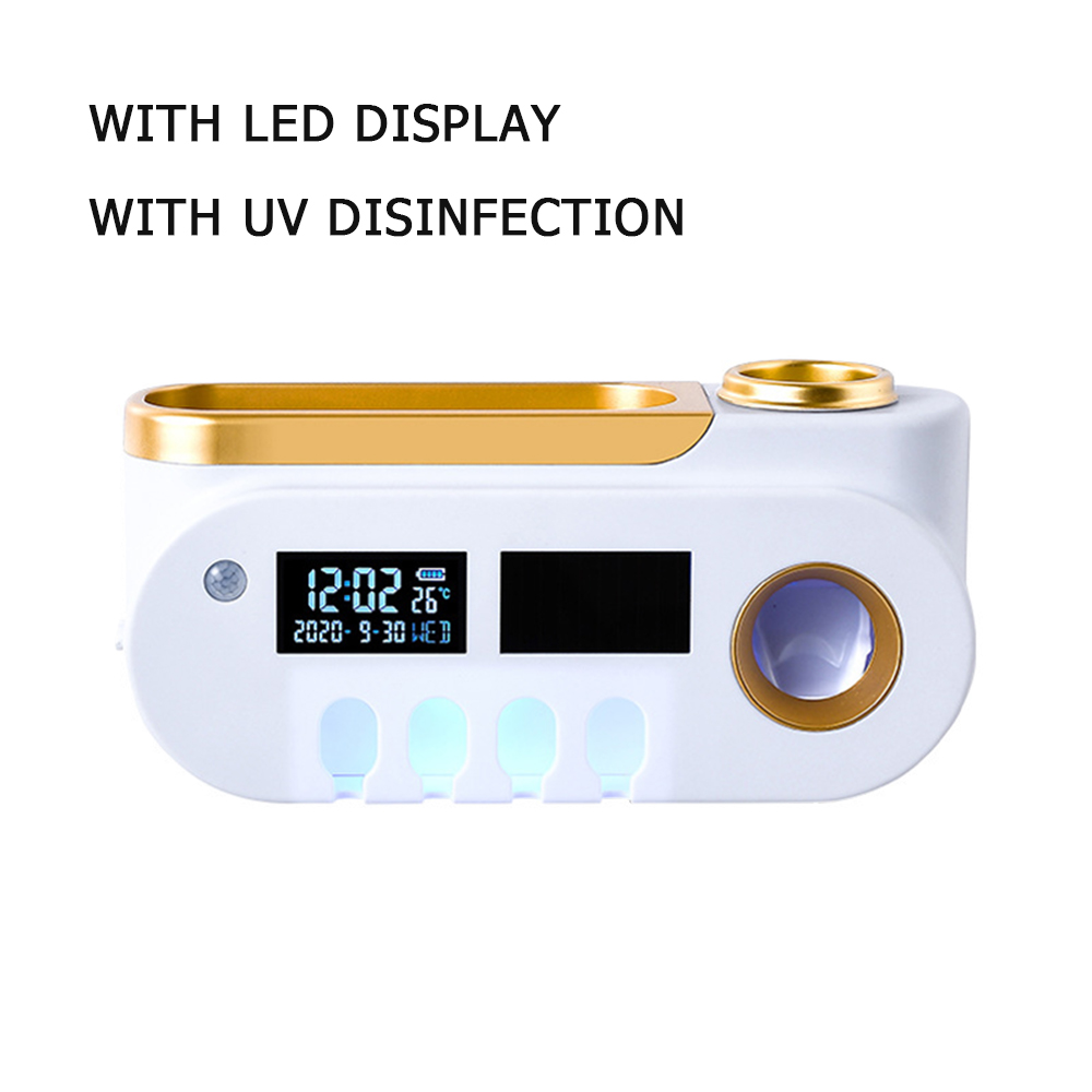 UV Toothbrush Holder Automatic Toothpaste Dispenser Toothbrush Sterilizer Toothpaste Squeezer Toothbrush Sanitizer USB Charge: White gold1