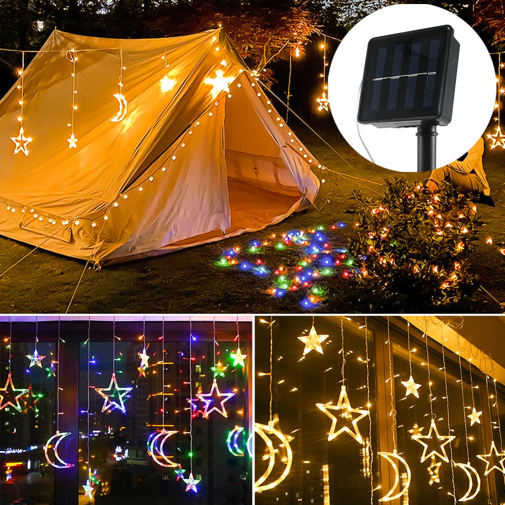 Christmas decoration Solar Powered LED Curtain Lights with Stars Moons Dimmable 8 Lighting Modes with Timer Twinkle String Light