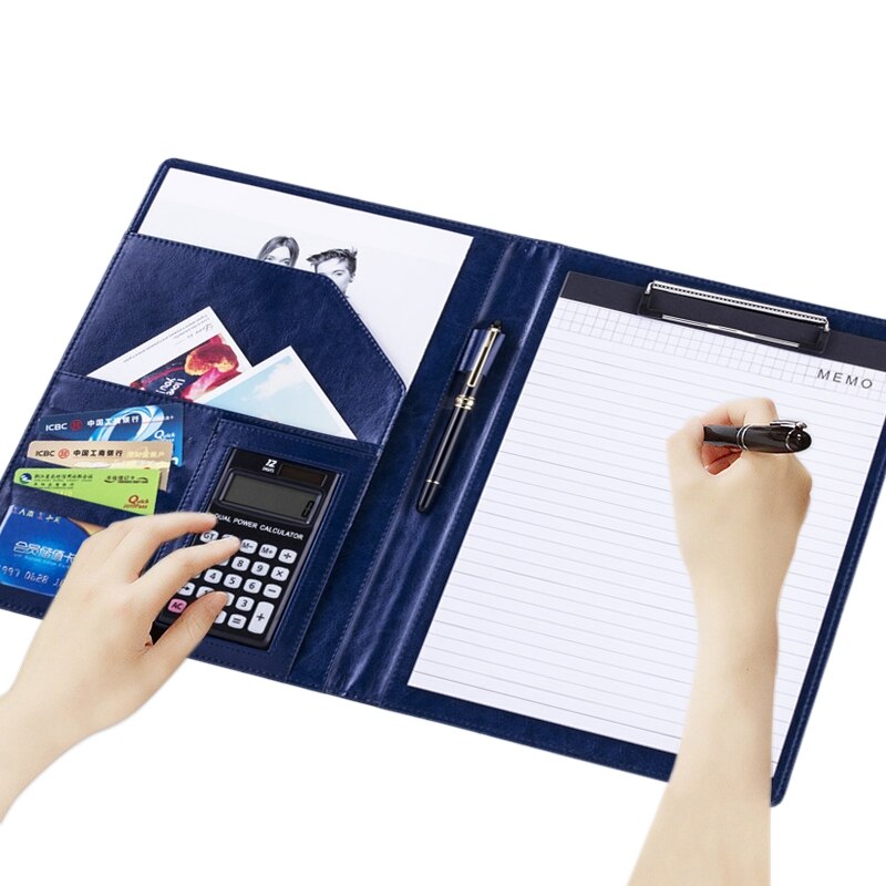 Office Supplies Business Style Leather Document Folder with 30-pages A4 Note Pad &amp; Calculator: Blue