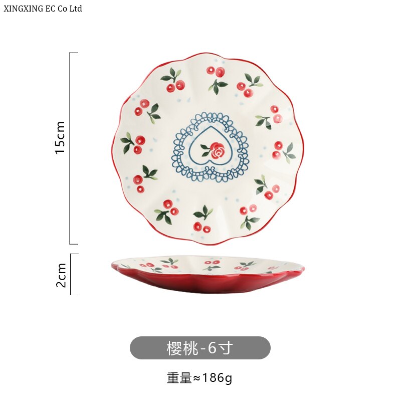 Hand-painted Cherry Ceramic Plate Household Tableware 10 Inch Plate Steak Plate Cute Fruit Plate Small Plate Tableware