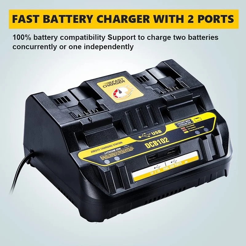 Fast charging DCB102 Li-ion Battery charger For DeWalt 12V 14.4V 18V 20V DCB105 DCB200 double charging postion with USB Port