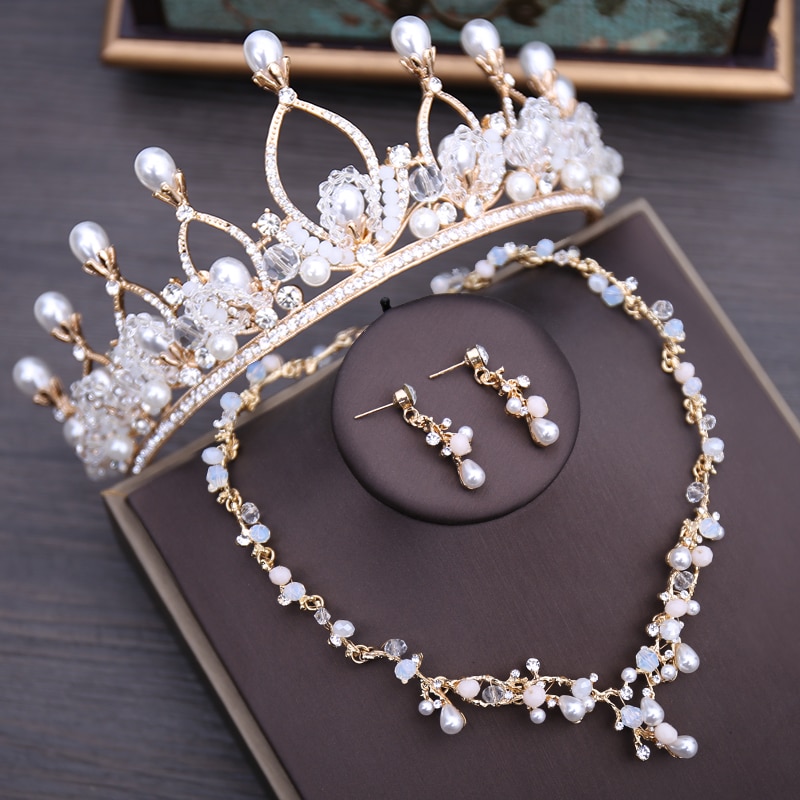 Gold Pearls Wedding Hair Jewelry Bridal Necklace Earrings Set With Tiara Women Prom Jewelrys Sets Accessories