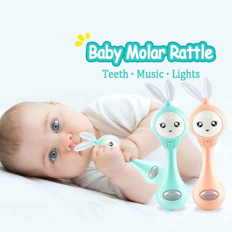 Baby Bunny Rattles Musical Shakers Smooth Hand Drums Molar Teeth Bells Rattles Bites Chews Grasp Training 0-12 Months Baby Toys