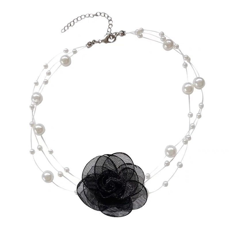 French Romantic Black White Choker Flower Pearl Necklace Women's Summer Collar Chain Fairy Gas Versatile Neckchain 2023 Newest