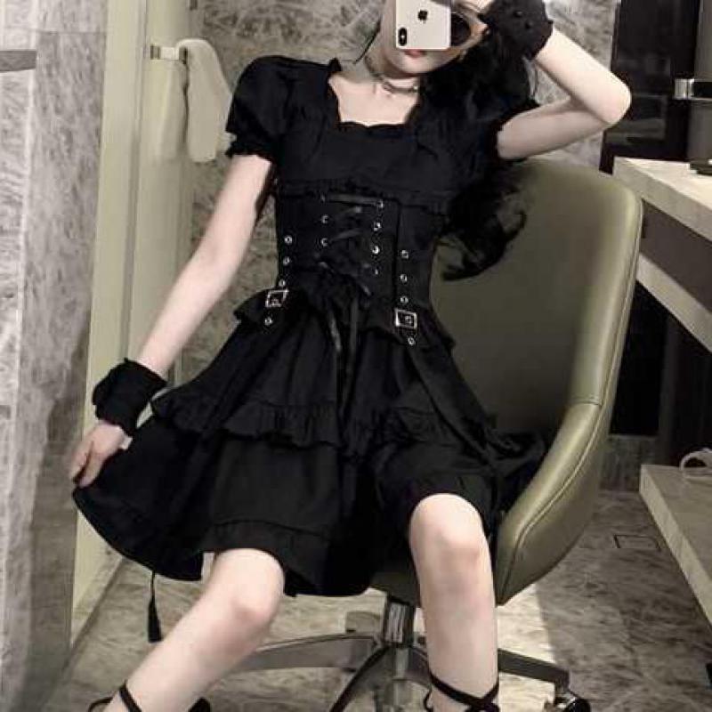 Menina japonesa do vintage estilo punk puff manga bandagem mini vestido vitoriano renascentista preto gótico lolita vestido feminino vestidos