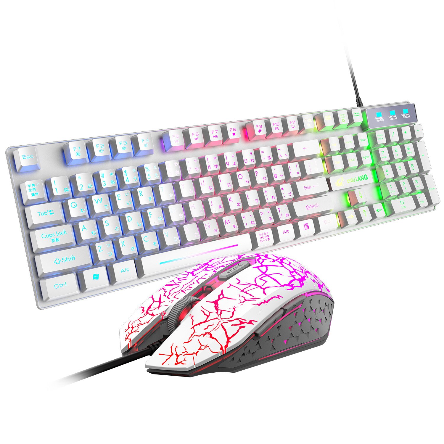 Japanese Rainbow RGB multi-backlit USB cable game radium luminous hanging 104 key keyboard and 2400 adjustable DPI mouse set