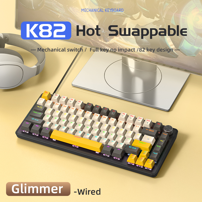APAYADO K82 Mechanische Tastatur, 82 Tasten, Multifunktionsknopf, vollständige Tasten-Swap-fähig, kühle Hintergrundbeleuchtung, kabelgebundene Verbindung, Windows und Mac: Silber / Roter schalter