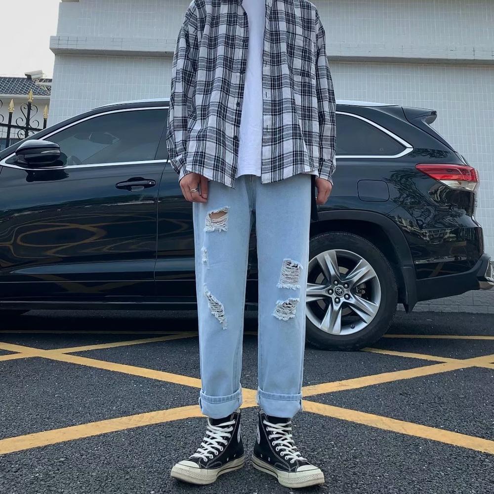 BXyichen pantalones vaqueros rasgados de tobillo para hombre estilo Regular recto estilo coreano de de pierna ancha azul claro pantalones largos