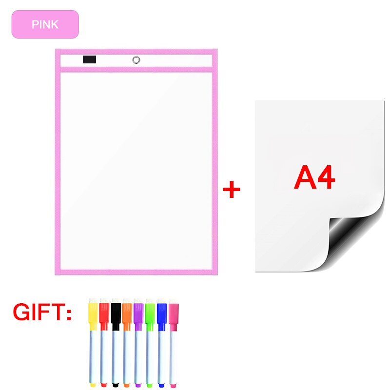 Magnetic Whiteboard Soft Dry Erase Pockets Bags Write Wipe Drawing Writing Classroom Teaching Supplies Reusable Magnet Markers: PinkA48P