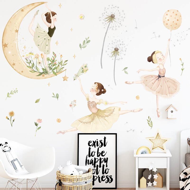 Pegatinas de pared para el hogar, calcomanías de decoración de sala de estar, Mural, Luna, estrella, baile, niñas, papel tapiz de vinilo autoadhesivo extraíble DIY