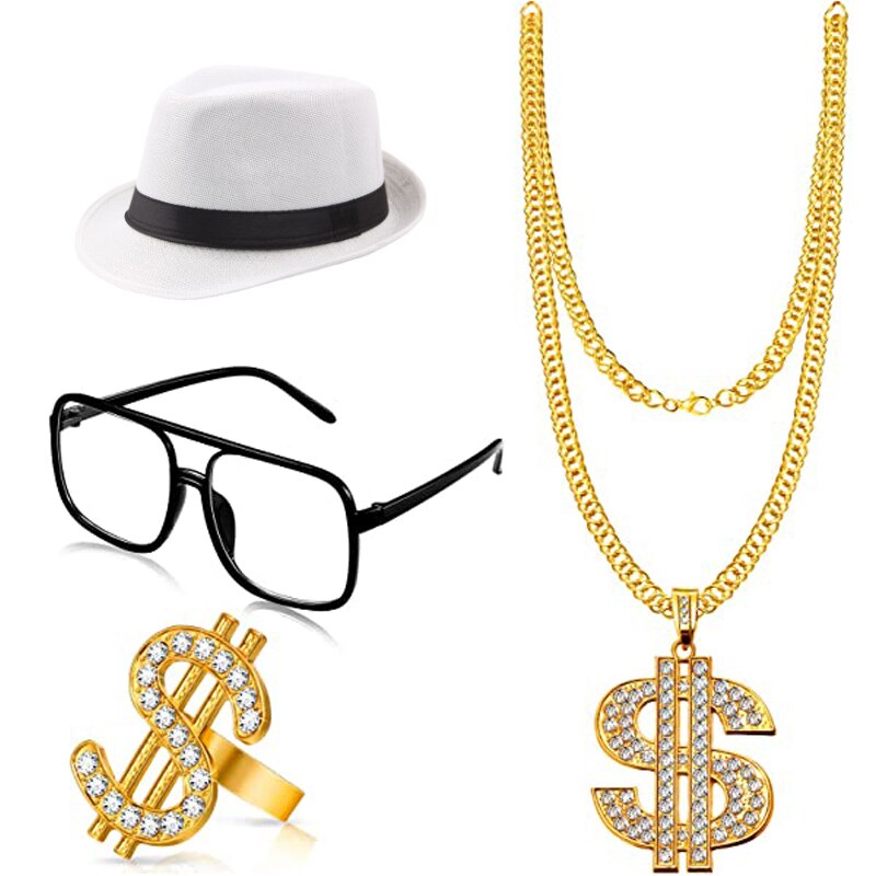 4 stykker hip hop kostume sort hvid hat briller dollarskilt guld kæde ring hip hop 80s/90s rapper tilbehør halloween fest: Hvid