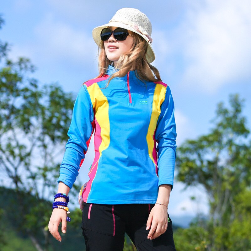 Forår kvinde udendørs camping trekking jogging vandre langærmet t-shirt øge ned stavning farve holde varmen sved tøj: Turkisblå / Xl