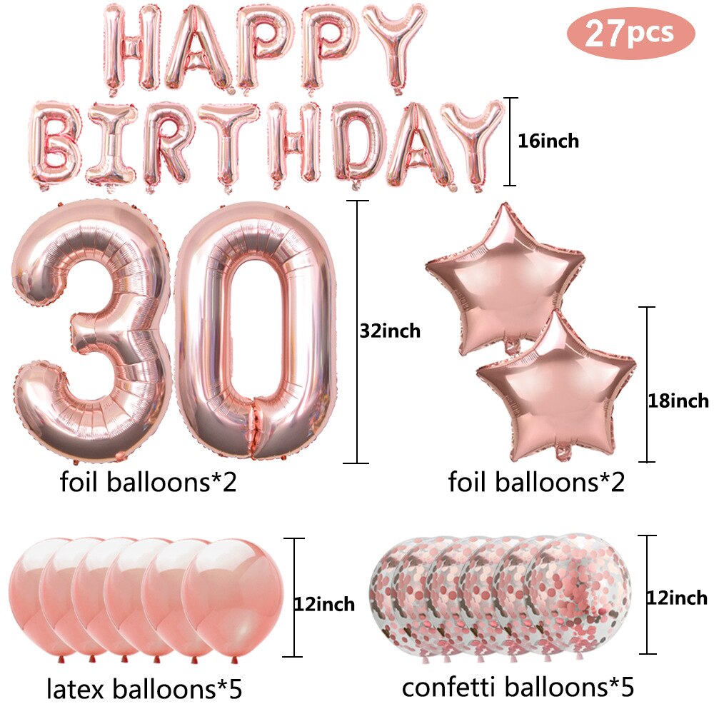 1Set Rose Gold 30th Birthday Party Decoration Happy Birthday Banner Helium Number Balloon 30 Anniversary Adult Party Decoration: Default Title